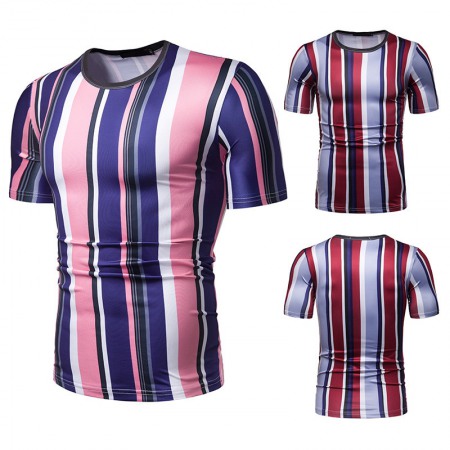 New Summer Men's Short-Sleeved T-Shirt Mens Contrast Striped Slim Casual T-Shirt